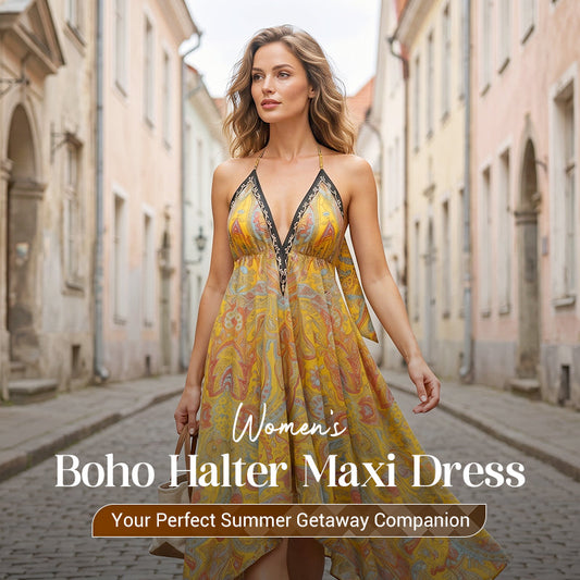 🏵️Noutate💕Rochie maxi boho pentru femei, cu decolteu adânc în V și gât halter