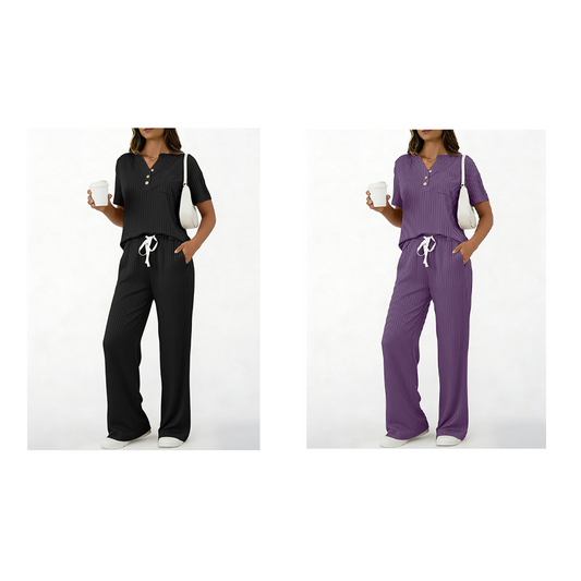 🔥Doar 235 de lei pe set!!✨ Îmbrăcăminte Damă Ribbed 2 Piese – Top Henley + Pantaloni Largi, Elegantă fără Efort 🤍