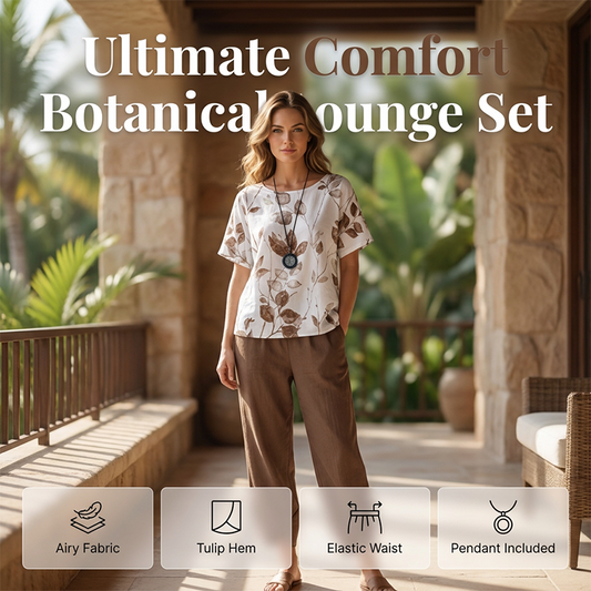 🌿 Set Damă 2 Piese cu Print Botanic – Bluză Respirabilă & Pantaloni cu Tiv Lalea, Confort & Stil ✨