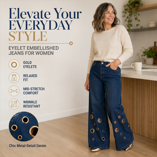 👖💛 Jeans Wide-Leg cu Inele Metalice Aurii – Detaliu Statement Unic, Silueta Alungita & Sofisticata – Pentru Femeia care Indrazneste sa Impresioneze ✨
