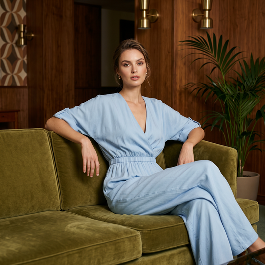 ✨ Salopeta care Te Face Să Strălucești – Decolteu V Senzual, Talie Elastică & Pantaloni Largi Fluturanzi – Elegantă, Feminină, Irezistibilă 💜