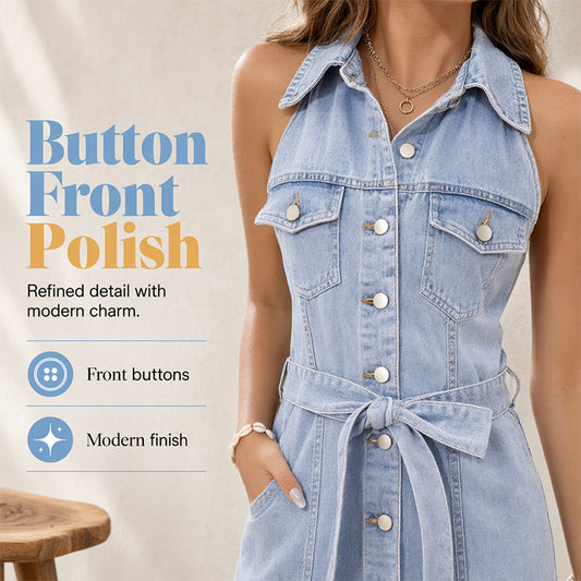 👖 Rochie Denim cu Cordon la Talie & Nasturi Frontali – Siluetă Elegantă, Stil Casual-Chic pentru Femeia cu Gust Rafinat ✨
