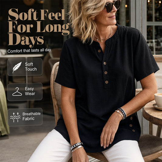 😍Bluză Casual cu Nasturi Laterali & Decolteu Henley – Lejeră, Feminină & Confortabilă pentru Orice Ocazie ✨