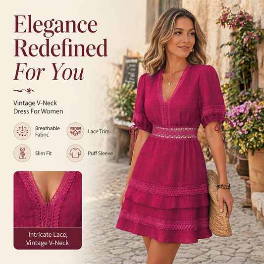 🧵 Rochie Elegantă cu Dantelă, Decolteu V & Fustă în Straturi – Feminină, Rafinată & Confortabilă pentru Femeia cu Stil 🌸