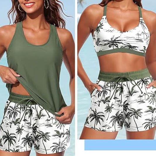 👙 Set Tankini din 3 Piese cu Print Tropical – Maiou cu Spate Incrucișat, Top Bikini & Pantaloni Scurti cu Talie Inalta – Confort, Sustinere & Eleganta la Plaja ✨
