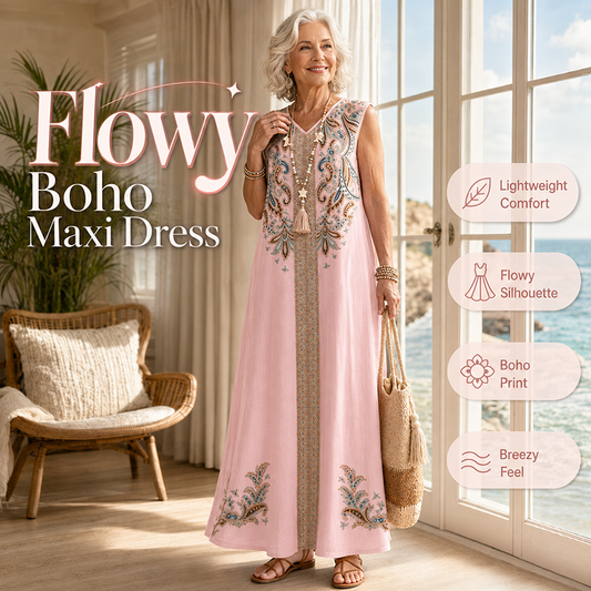 ✨ Rochie Maxi Damă Boho cu Print Etnic & Decolteu V – Siluetă Fluidă, Croită Fără Mâneci, Elegantă & Versatilă, Mărimi Mari 1XL-5XL, 3 Culori 🌊
