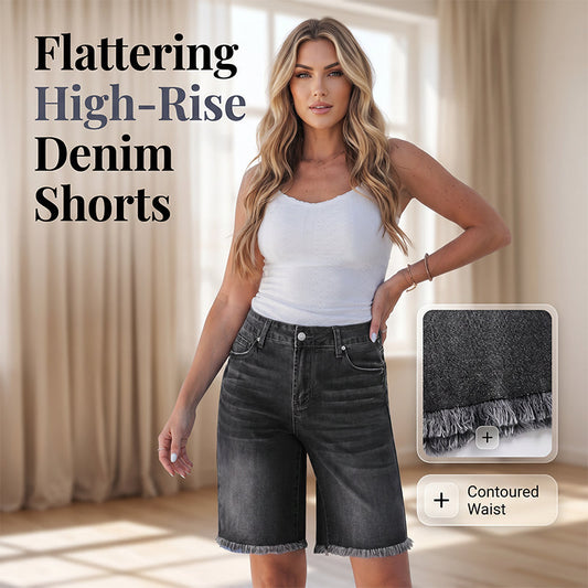 ✨ Pantaloni Scurți Damă din Denim cu Talie Înaltă & Franjuri – Siluetă Flatantă, Confortabili & Versatili, Potrivitți Oricui, S-3XL, 2 Culori 💖