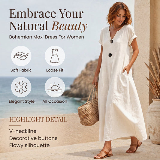 🌿 Rochie Midi de Vara cu Decolteu V & Nasturi Decorativi – Material Lejer Tip In, Maneci Scurte Rasfrante – Eleganta Simpla pentru Femeia cu Gust ✨