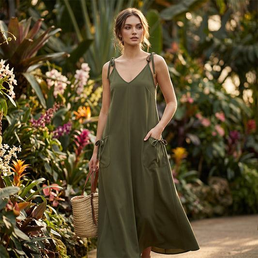 👚 Rochie Maxi Damă Elegantă cu Bretele Ajustabile & Buzunare cu Fundiță – Siluetă A-Line Fluidă, Decolteu V, Confortabilă & Rafinată, S-3XL, 2 Culori ✨