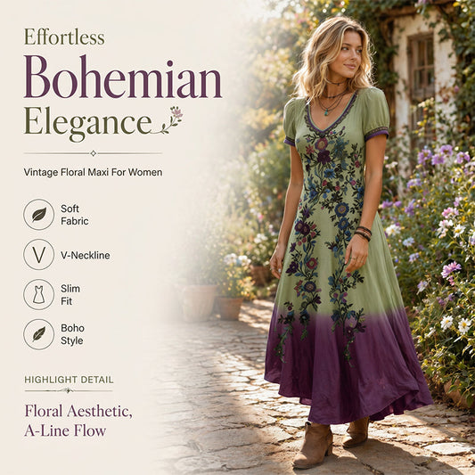 🌿 Rochie Maxi Vintage cu Decolteu V & Print Floral – Stil Boho Romantic, Siluetă Feminină & Elegantă, S-2XL, 3 Culori ✨