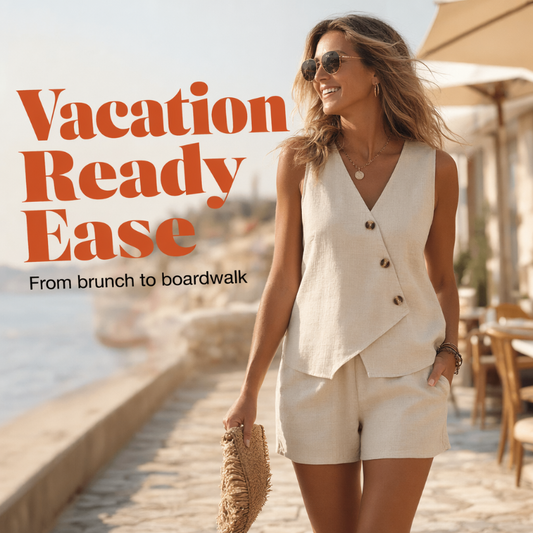 ✨ Set 2 Piese Damă – Vestă Asimetrică cu Nasturi & Pantaloni Scurți – Elegant, Confortabil & Versatil, Ideal pentru Vară & Vacanță, S-XL, 4 Culori 🌿