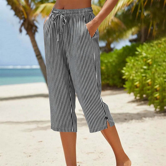 🏖️ Pantaloni Capri Damă din Bumbac & In cu Dungi – Talie Elastică cu Şiret, Buzunare, Lejeră & Răcoroasă, S-2XL, 7 Culori ✨
