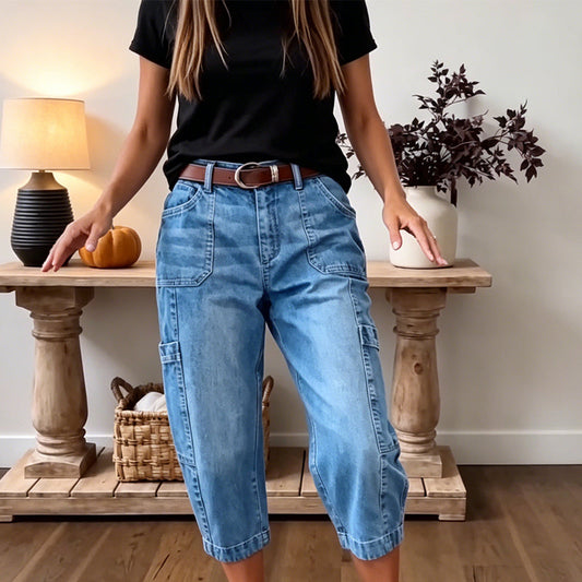 👗✨ Pantaloni Denim Crop cu Croială Relaxată & Buzunare Multiple – Confort Elastic, 2 Culori, Mărimi S-3XL 👖🌿