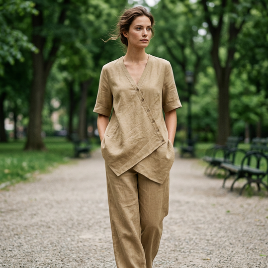🌿 Compleu Damă din In – Bluză Asimetrică cu Nasturi & Pantaloni Wide-Leg, Elegant & Lejer, S-2XL, 6 Culori ✨