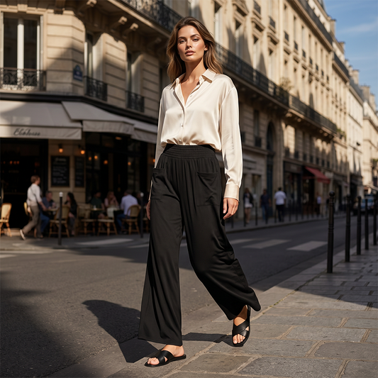 ✨ Pantaloni Largi Damă Talie Îinaltă Elastică – Material Fluid Milk Silk, Buzunare Laterale, Siluetă Alungită, S-2XL, 6 Culori 🌿💖🧵