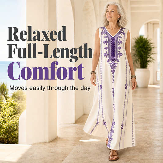 👗Rochie Maxi Boho cu Broderie Etnică Fără Mâneci – Siluetă A-Line, Decolteu V, Mărimi Mari 1XL-5XL, 5 Culori 🌙😍
