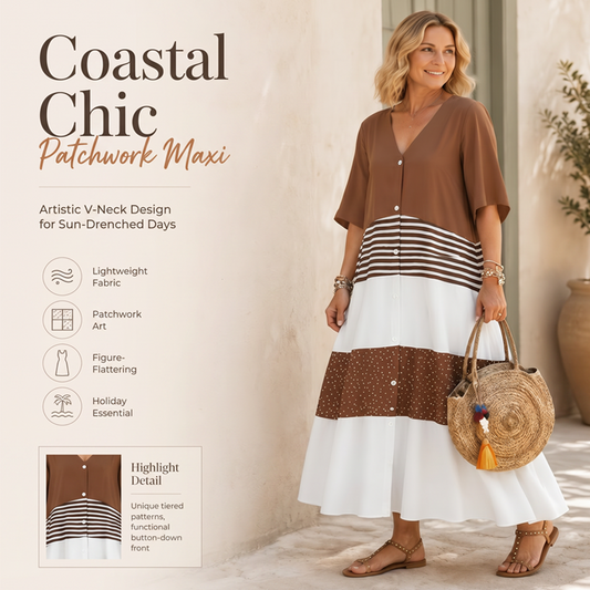 🌻 Rochie Maxi Damă Patchwork – Dungi & Buline, Decolteu V cu Nasturi, Mânecă 3/4, S-5XL, 6 Culori 🍂✨