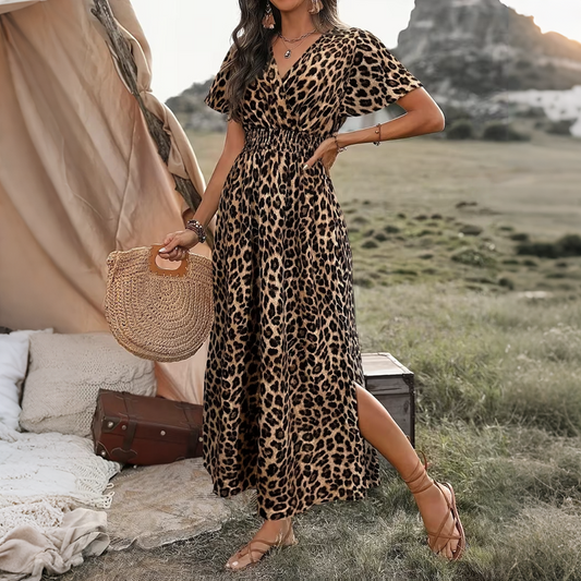 🐆👗 Rochie Maxi Damă Decolteu V – Mânecă Fluture, Talie Elastică & Slit Lateral, Stil Boem, XS-XL, 5 Culori 🌺✨💃