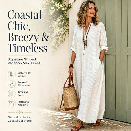 😍 Rochie Maxi Damă Dungi Verticale – Decolteu V, Mânecă Lungă, Siluetă Lejeră & Buzunare, S-3XL, 4 Culori 🌾✨🧵