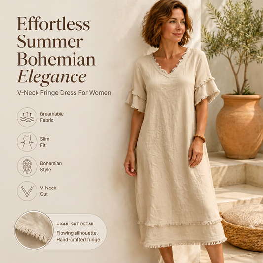 🏖️ Rochie Midi Damă Decolteu V cu Franjuri – Stil Boem, Croială Lejeră, Bumbac & In, S-2XL, 9 Culori 🧵✨🌾