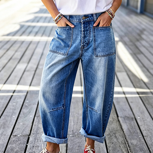 👖 Blugi Damă Barrel Leg cu Buzunare Patch – Denim Elastic, Talie Medie, Mancă Rulată, 1XL-2XL ✨