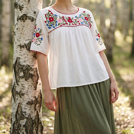 🌸 Bluză Damă Casual Loose cu Broderie Florală – Respirabilă, Lejeră & Feminină, S-3XL ✨