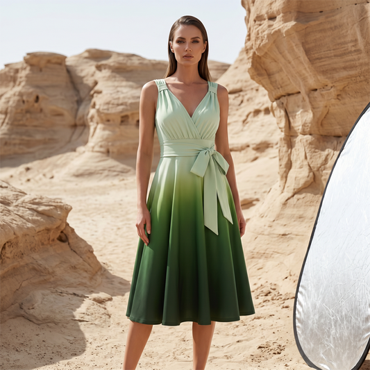💫 Rochie Midi Elegantă cu Decolteu V și Gradient de Culoare, Curea cu Fundă, Buzunare, Feminină și Rafinată 🌊
