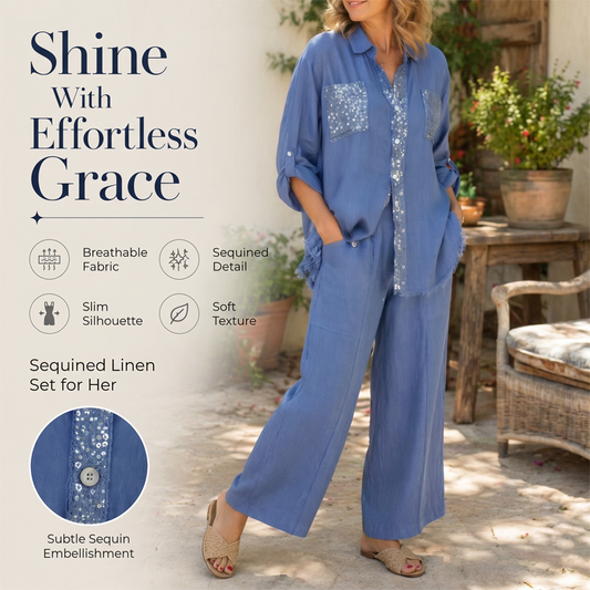 ✨👚 Set Femei Cămașă cu Paiete și Pantaloni cu Talie Largă – Eleganță și Confort În 4 Culori 🌿