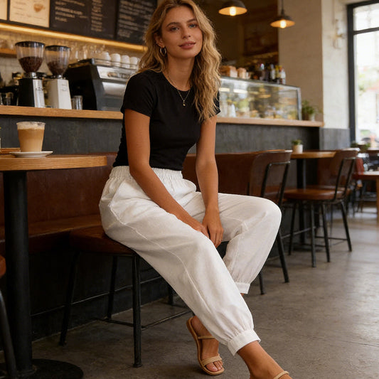 🌸 Pantaloni Casual cu Manseta la Glezna, Talie Elastica Inalta, Buzunare Laterale, Confortabili si Feminini ✨