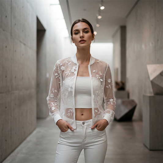 🌸 Jacheta Transparenta din Plasa cu Broderie Florala, Fermoar Elegant, Feminina si Rafinata pentru Vara 🤍