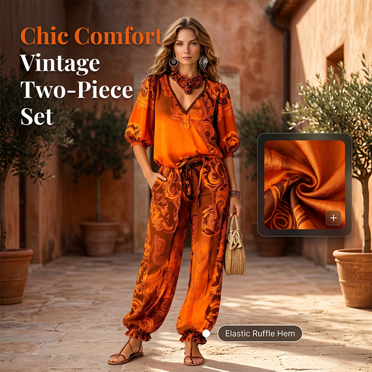 ✨ Set Boho Vintage Două Piese – Top cu Decolteu V & Pantaloni cu Imprimeu Etnic, Elegant și Confortabil 🌿