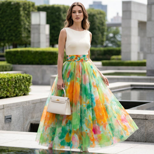 🌺 Fusta midi din tul cu imprimeu floral acuarelă pentru femei – feminină, vaporoasă și perfectă pentru orice ocazie 💐