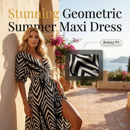 🌸 Rochie Midi cu Imprimeu Geometric & Decolteu V – Talie Elastică, Feminină și Elegantă ✨