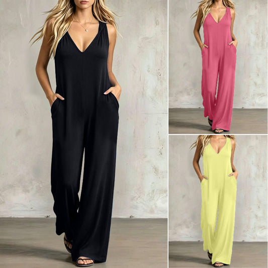 😎🧊 Salopeta Lajera de Vara cu Decolteu V & Picioare Largi, Buzunare Laterale, Feminina si Eleganta ✨