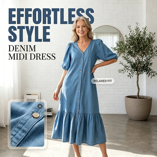 👙 Rochie Midi cu Nasturi, Decolteu V și Volane la Poală, Stil Denim, Feminină și Elegantă ✨