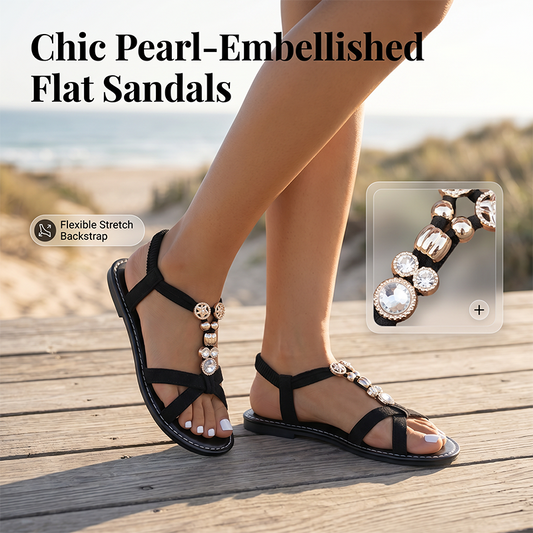 🌸 Sandale Plate cu Perle și Trandafiri Auriți, Barete Încrucișate, Confortabile și Elegante pentru Vară ✨