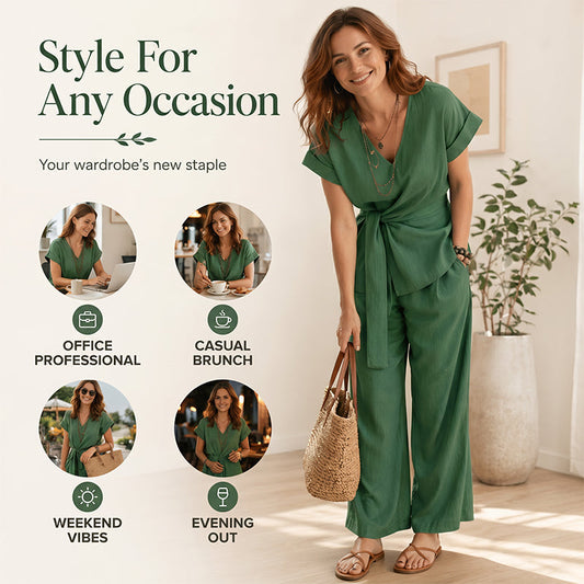 🌸🧊 Set 2 Piese Elegant – Bluză cu Şniur la Talie și Pantaloni Largi, Feminin și Rafinat pentru Vară ✨