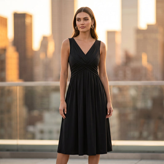 🌸 Rochie Midi Fără Mâneci cu Decolteu V și Răsucire la Talie, A-Line, Feminină și Confortabilă, 6 Culori ✨