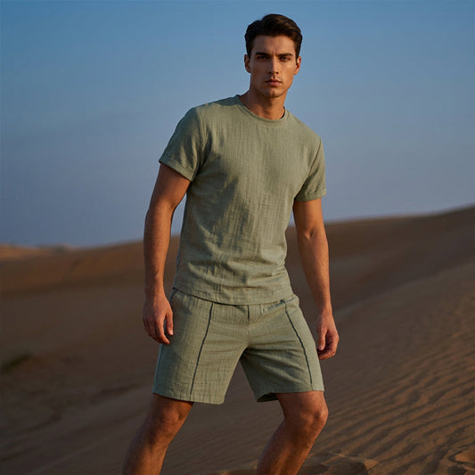👕 Set 2 Piese Bărbați – Tricou și Pantaloni Scurți din Amestec de In, Ușor și Respirabil, 7 Culori ✨