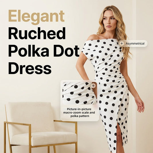 ✨ Rochie Midi cu Buline, Decolteu Asimetric pe Umăr, Cute la Talie și Slit, Elegantă și Feminină 😍❤️