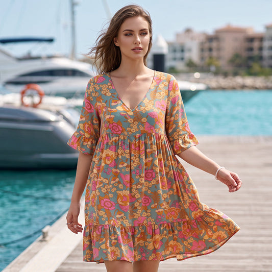 🌸 Rochie Boemă cu Imprimeu Floral, Decolteu V și Mâneci cu Volane, Lejeră și Feminină, 3 Culori ✨