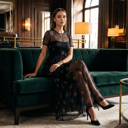 🌹 Rochie Maxi din Plasă cu Imprimeu Floral Trandafiri, Stil Boem, Talie Înaltă, Romantică și Elegantă ✨