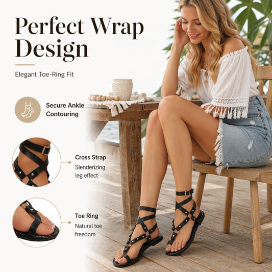👡✨ Sandale Plate Femei Gladiator cu Nituri – Curea la Gleznă, Buclă Deget, Talpă Anti-Alunecare | 2 Culori | 36-43🌞