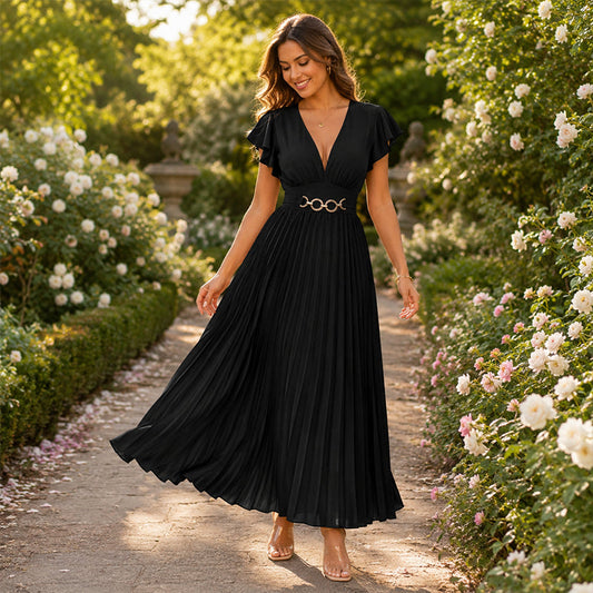 😍💃 Rochie Lungă Plisata cu Decolteu în V și Mâneci Volane – Elegantă, Curgătoare, 3 Culori ✨