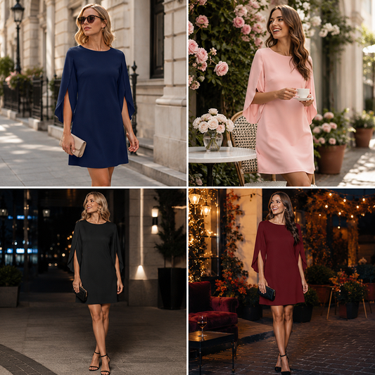 😍👗 Rochie Elegantă cu Decolteu Rotund și Mâneci Cape – Rafinată, Versatilă, 8 Culori ✨