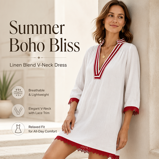 🌸✨Rochie Boho Lejeră din Bumbac-In cu Decolteu V – Elegantă, Respirabilă, Detalii Dantele | 5 Culori | Confort Toată Ziua🌿