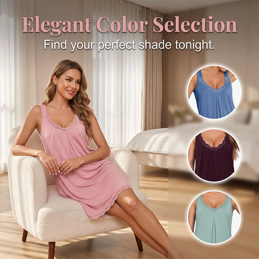 👗✨Cămașă de Noapte Femei cu Dantelă și Decolteu V – Modal Moale, Lejeră, Respirabilă | 6 Culori | S-2XL🌙