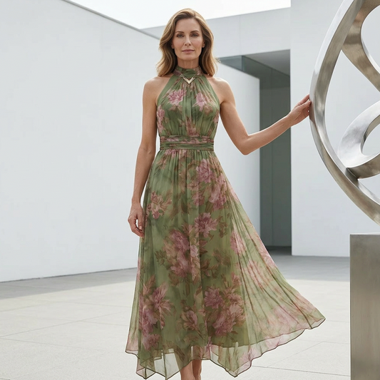 🌺🌿 Rochie Maxi Elegantă cu Imprimeu Floral și Gât Jucător – Ȟesătură Fluidă Premium | Verde | S-2XL🌙