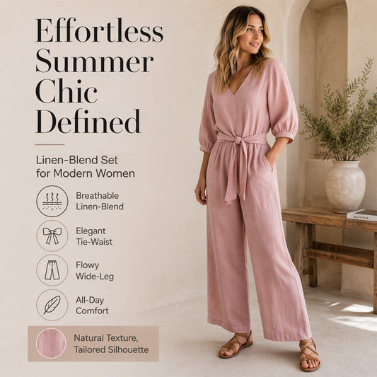 🌸✨ Set Femei: Top cu Decolteu în V și Nod Frontal + Pantaloni cu Picioare Largi – Ȟesătură Fluidă | 5 Culori | S-3XL🌿