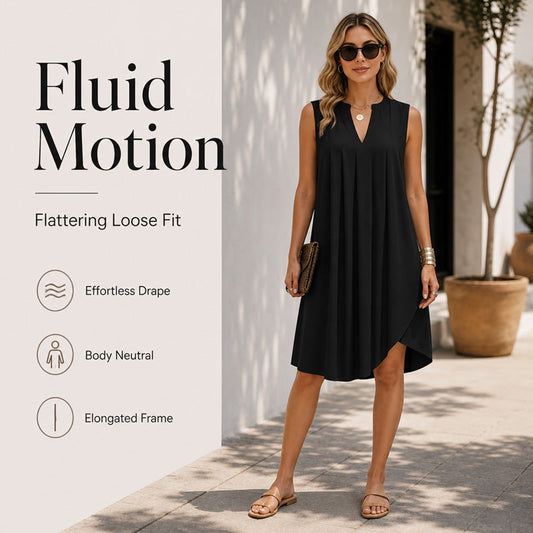 👗✨ Rochie Elegantă Midi cu Decolteu în V și Pliseuri cu Volane – Fără Mâneci, Siluetă Fluidă | 2 Culori | M-3XL🌿